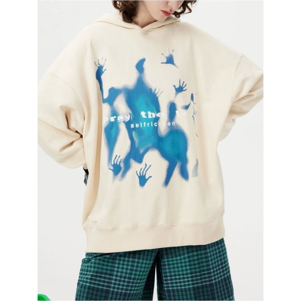 Aelfric Eden Cream Oversized Hoodie with Blue Abstract Print Size S